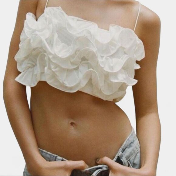 NWT Zara White Ribbed Crop Top With Raised Ruffles Thin Straps Size S - Picture 2 of 7